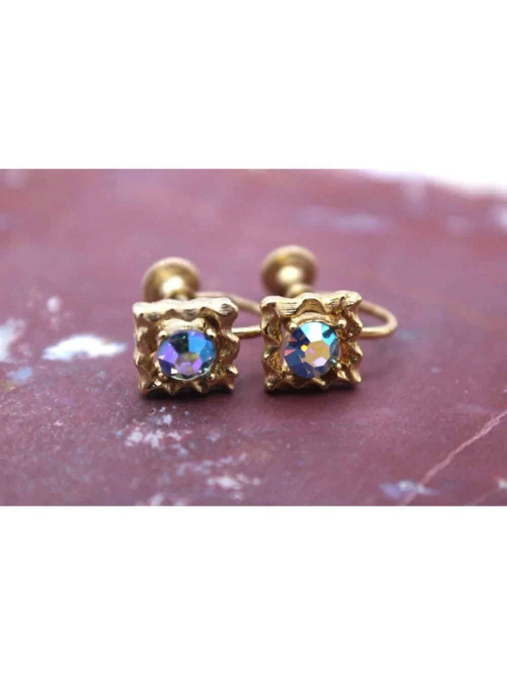 Iridescent Rhinestone Aurora Borealis Screw‑Back Earrings Gold Tone Mid‑Century
